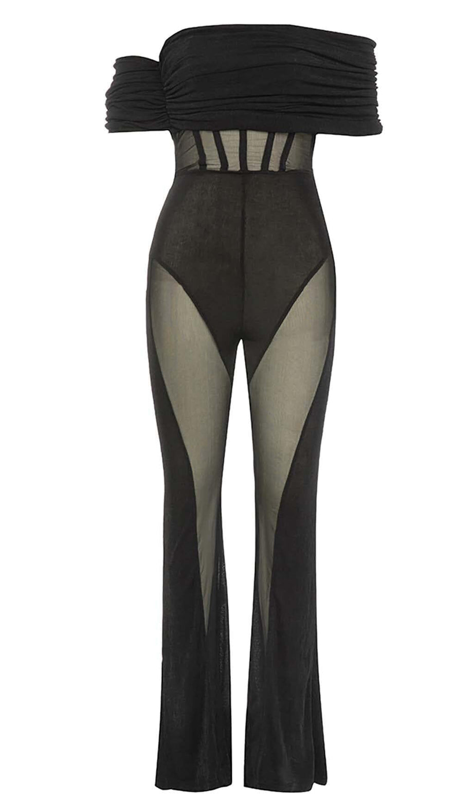 OFF SHOULDER MESH JUMPSUIT IN BLACK