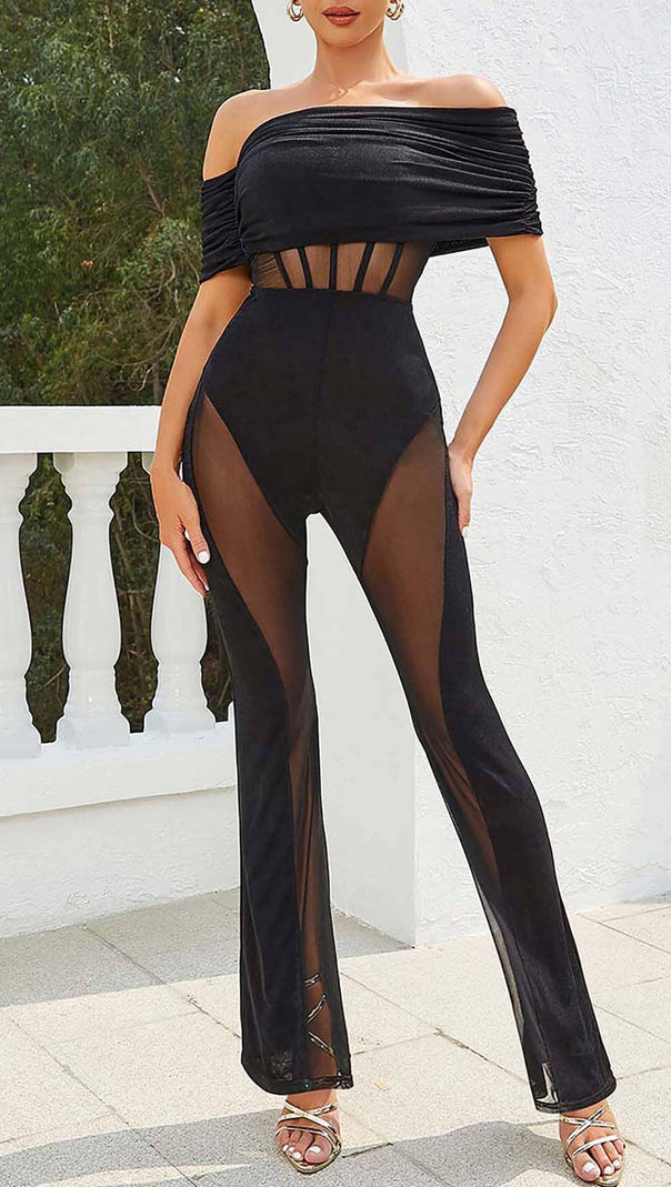 AIIZIE OFF SHOULDER MESH JUMPSUIT IN BLACK - product image