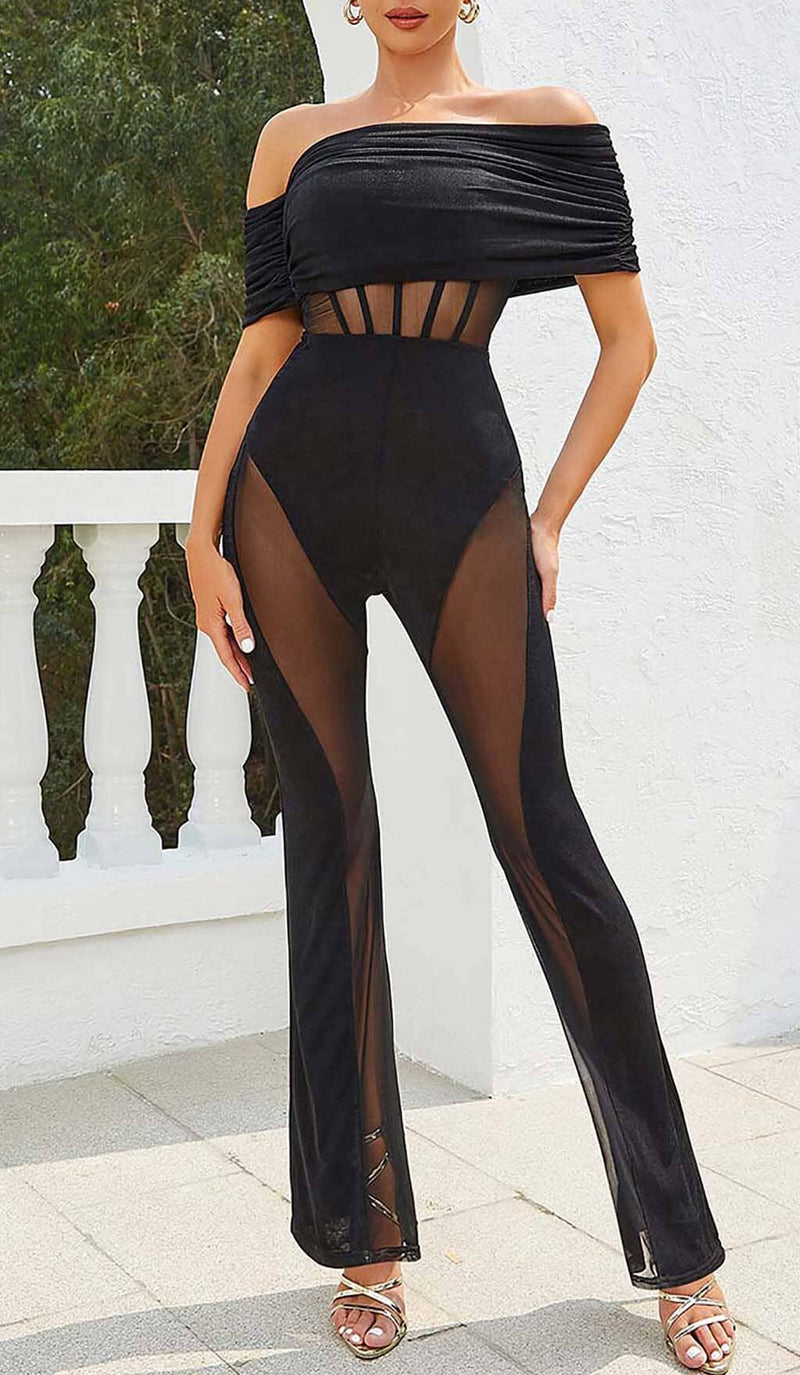 OFF SHOULDER MESH JUMPSUIT IN BLACK