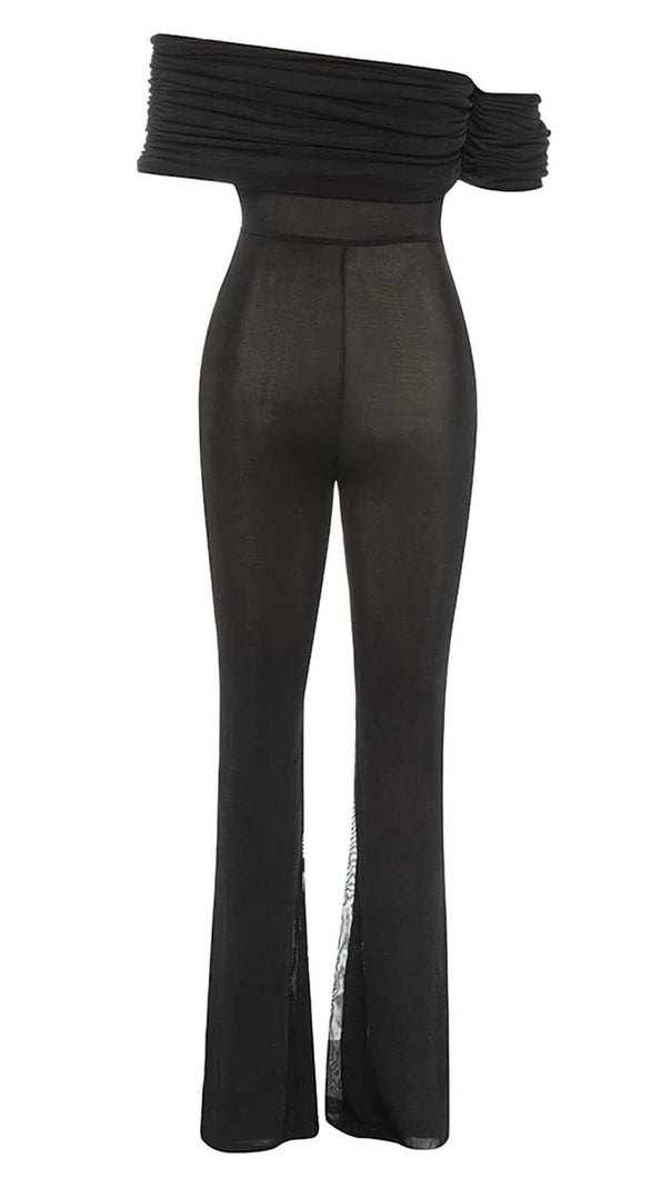 AIIZIE OFF SHOULDER MESH JUMPSUIT IN BLACK - product image