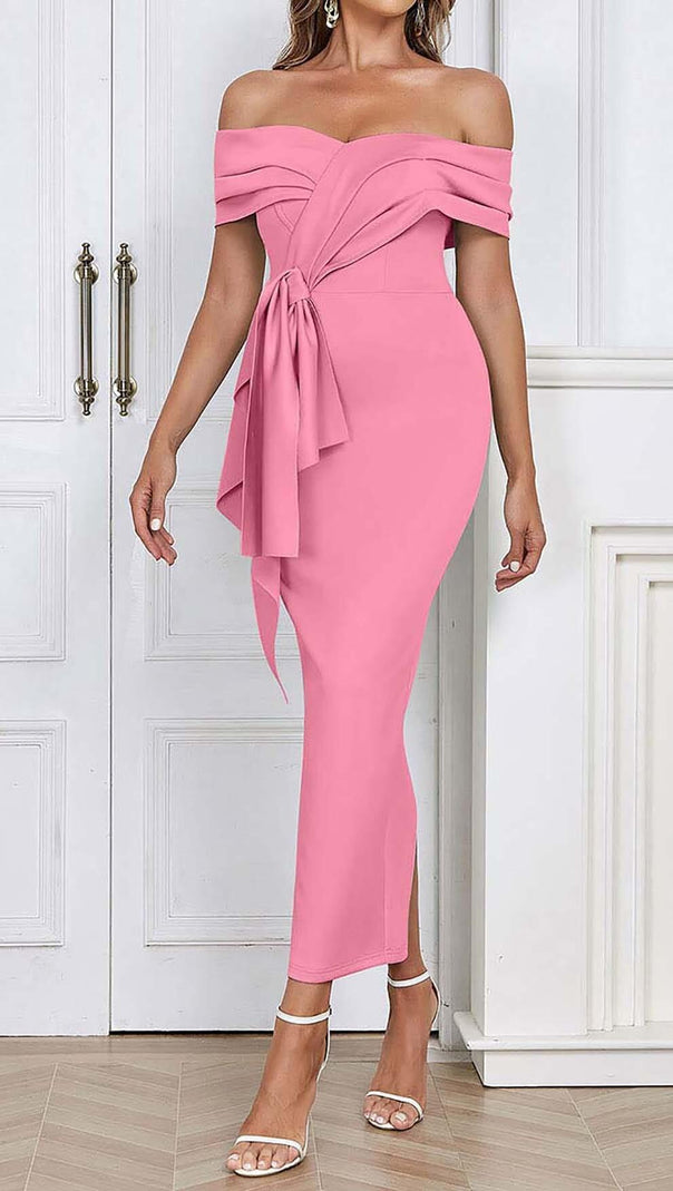 AIIZIE OFF SHOULDER SIDE SPLIT MIDI DRESS IN PINK - product image