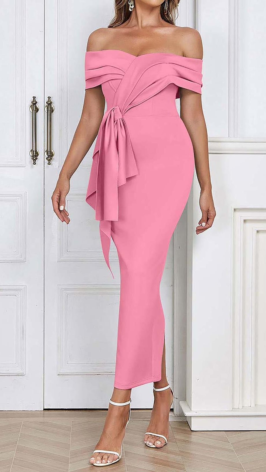 OFF SHOULDER SIDE SPLIT MIDI DRESS IN PINK