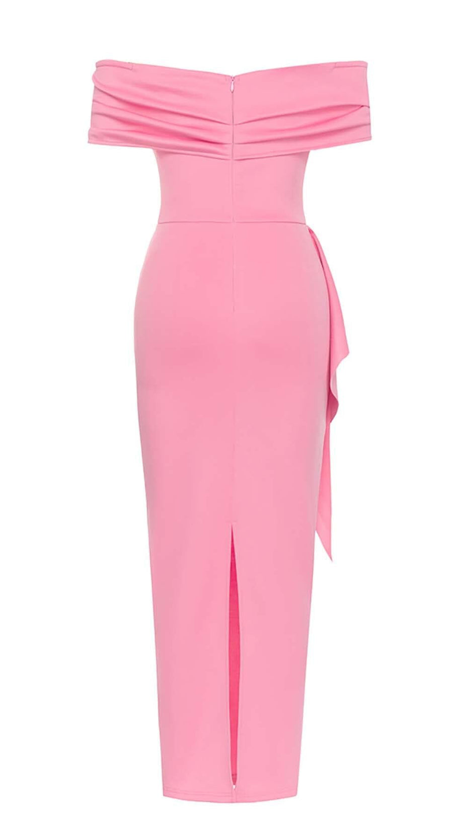 OFF SHOULDER SIDE SPLIT MIDI DRESS IN PINK