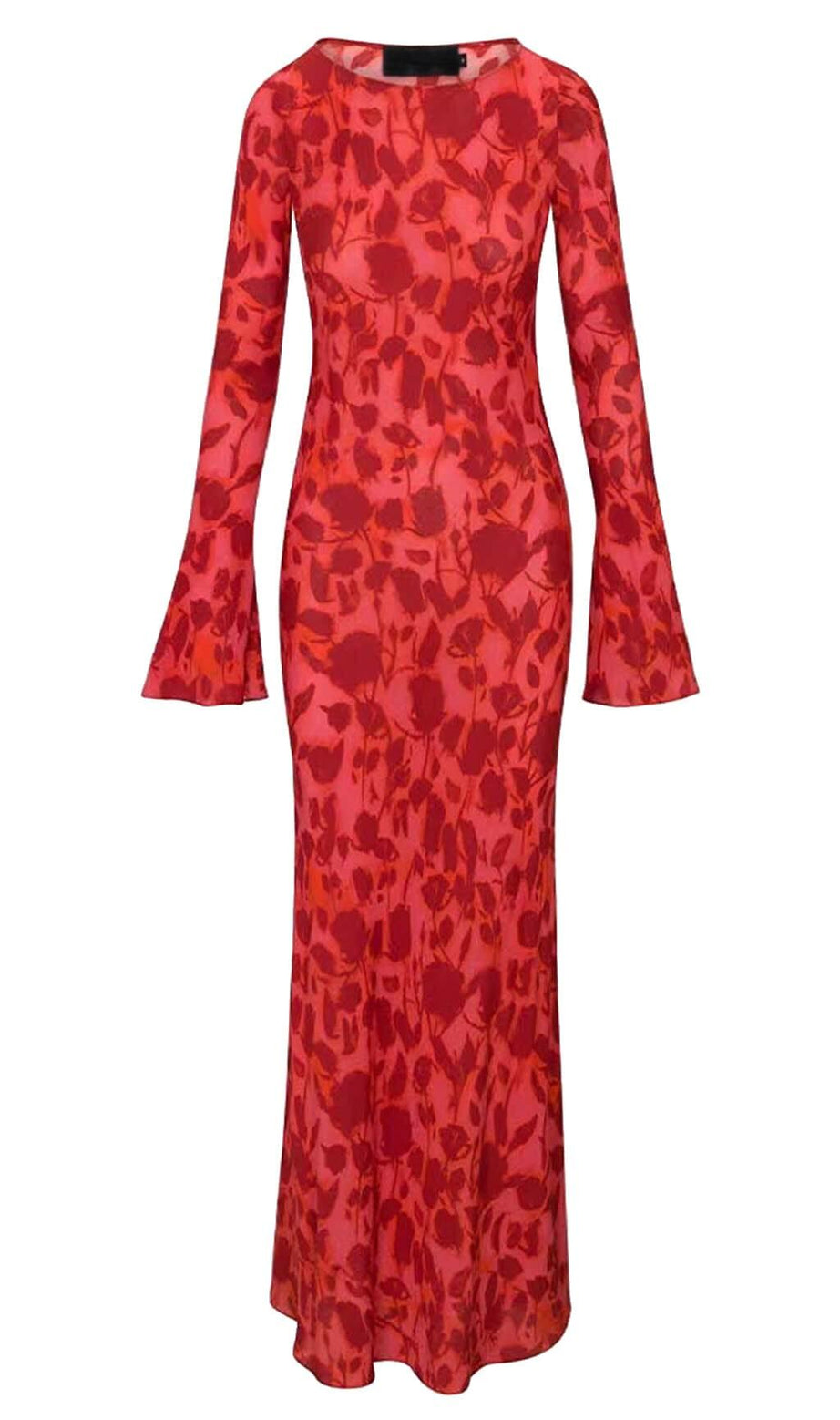 ROSE PRINT FLARE MAXI DRESS IN RED
