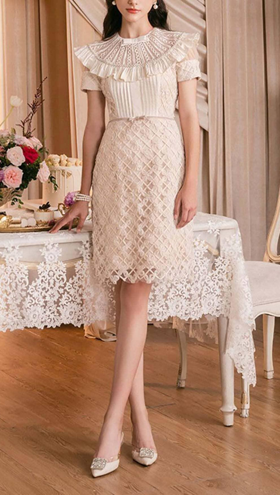 RUFFLES EMBROIDERY MIDI DRESS IN WHITE