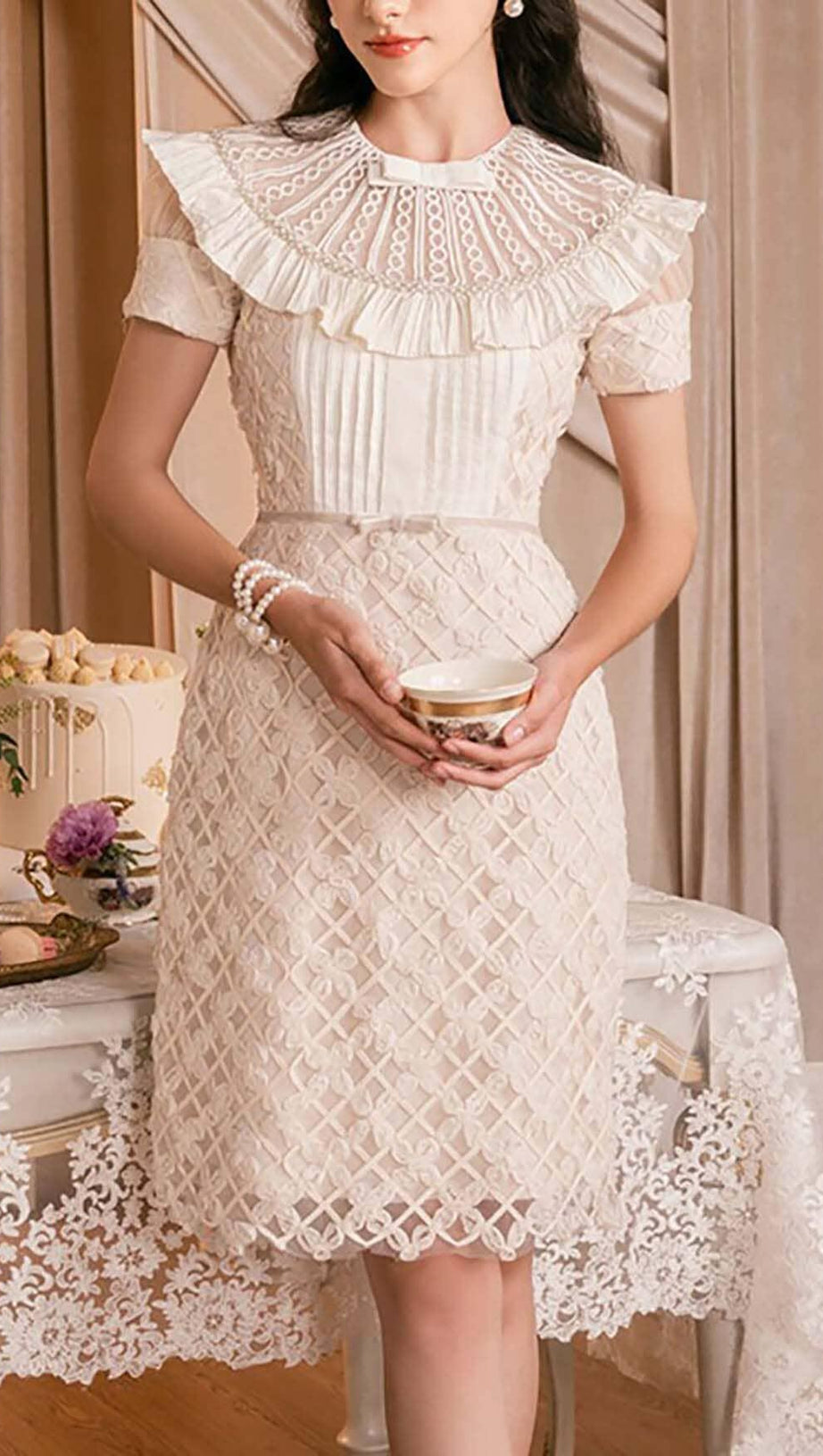 RUFFLES EMBROIDERY MIDI DRESS IN WHITE