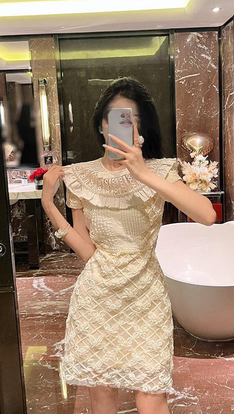 RUFFLES EMBROIDERY MIDI DRESS IN WHITE