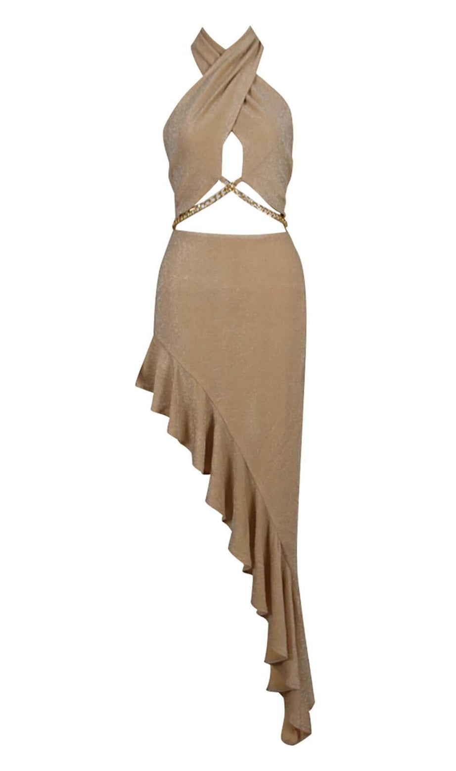 RUFFLES HALTER HIGH LOW DRESS IN GRAY