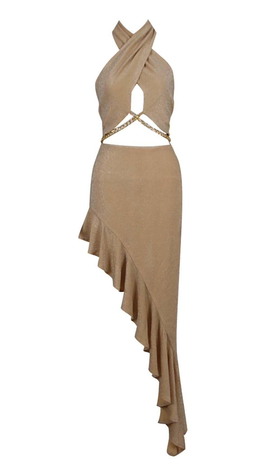 RUFFLES HALTER HIGH LOW DRESS IN GRAY