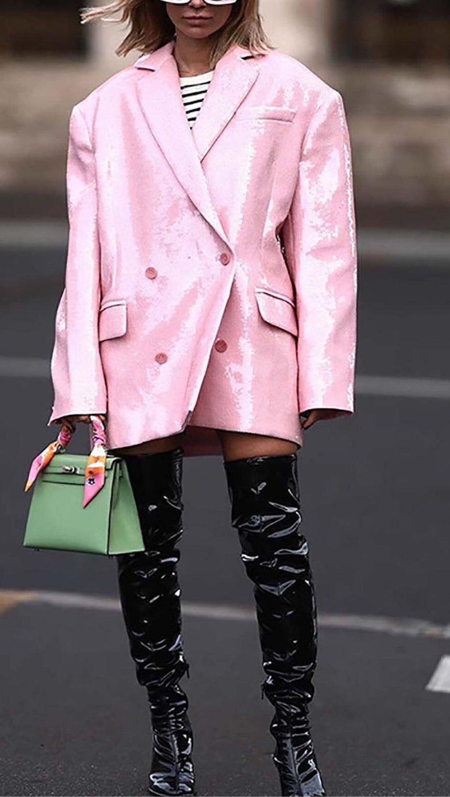 SEQUINED DOUBLE BREASTED LONG BLAZER IN PINK