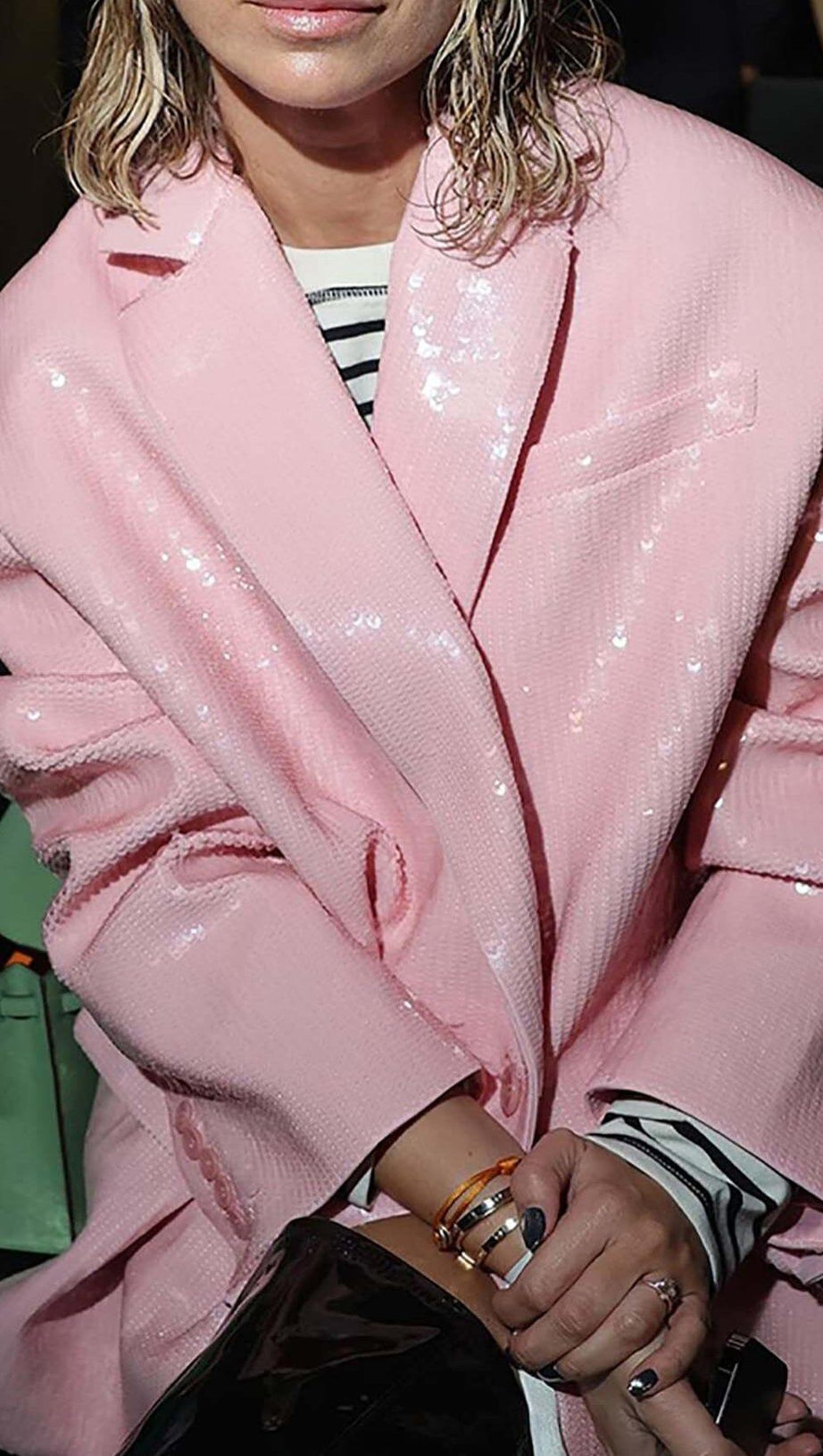 SEQUINED DOUBLE BREASTED LONG BLAZER IN PINK