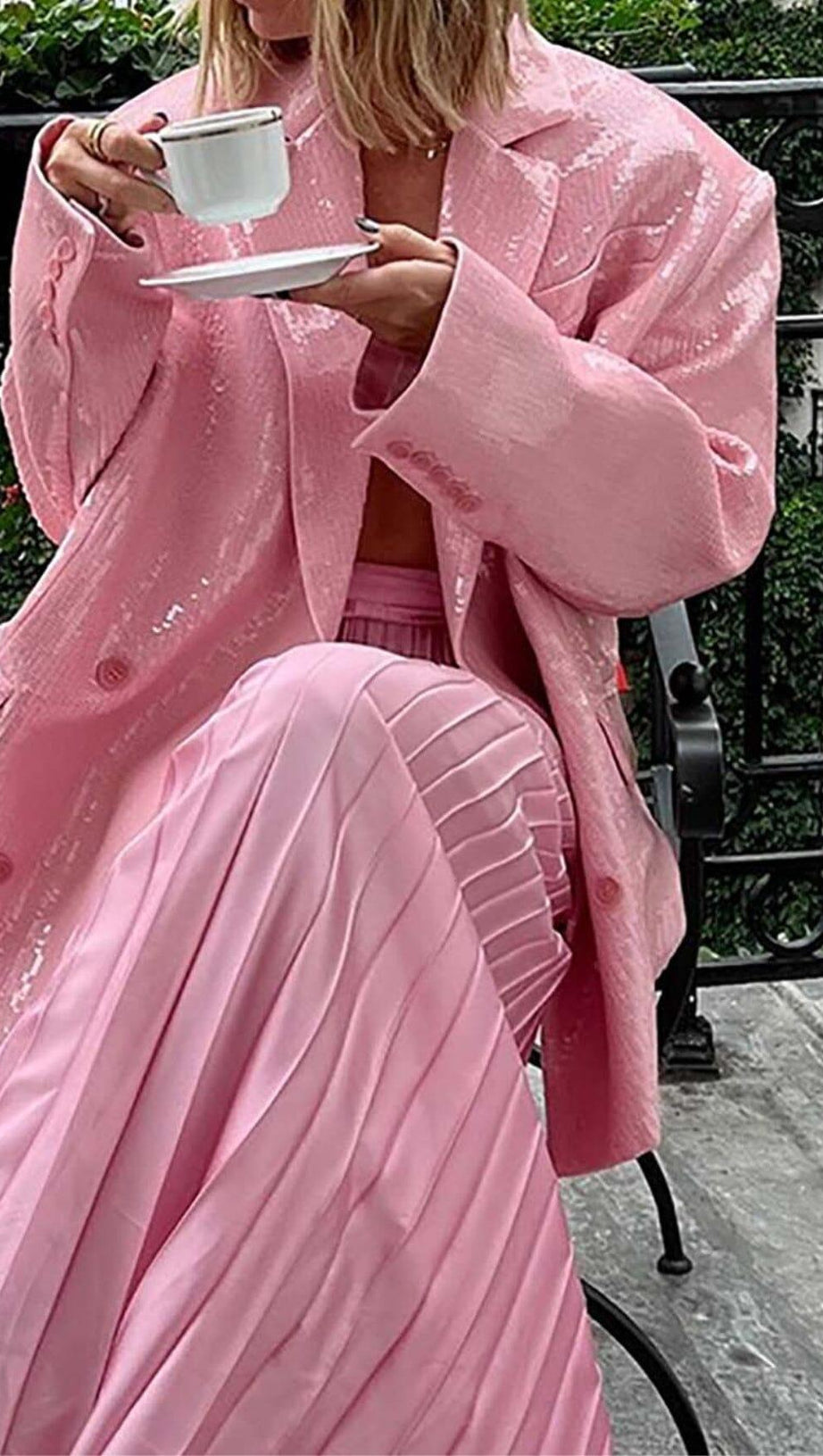 SEQUINED DOUBLE BREASTED LONG BLAZER IN PINK