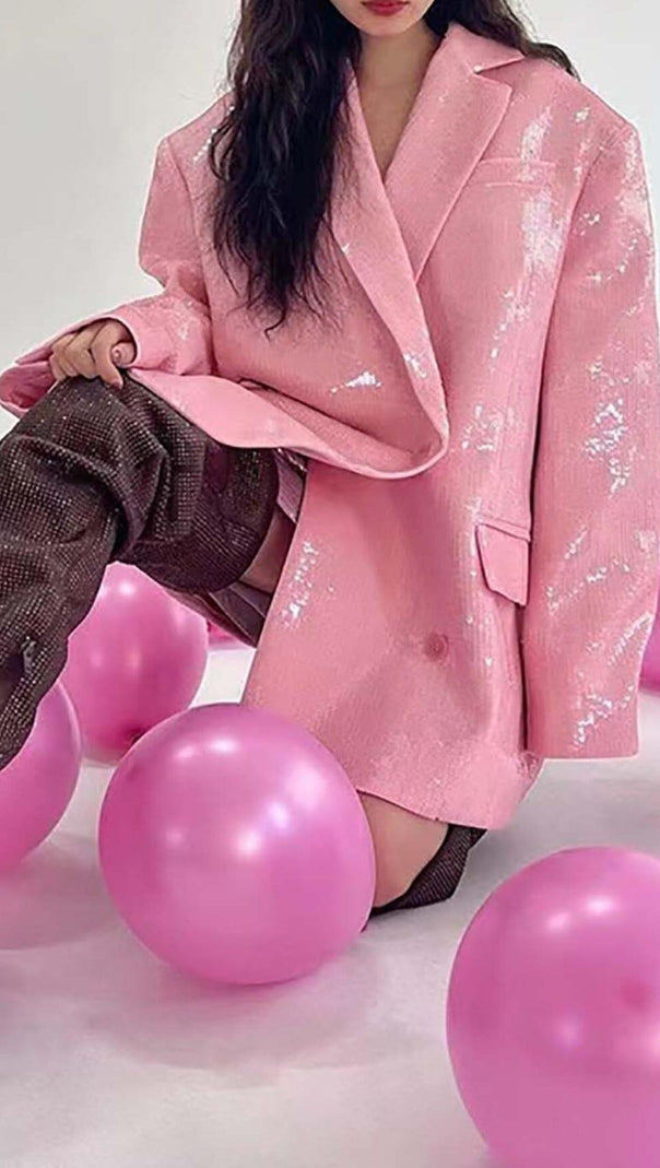 AIIZIE SEQUINED DOUBLE BREASTED LONG BLAZER IN PINK - product image