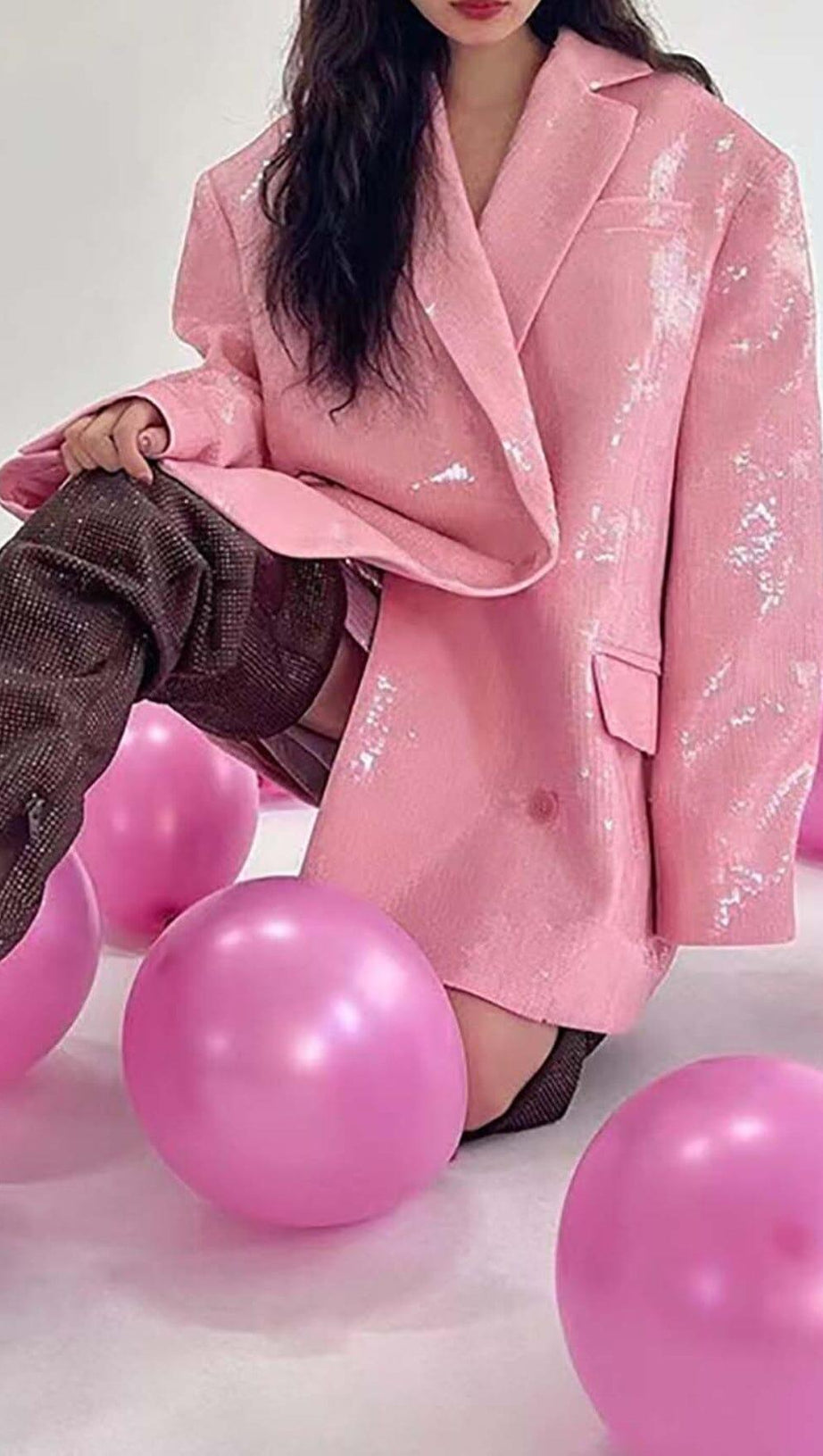 SEQUINED DOUBLE BREASTED LONG BLAZER IN PINK