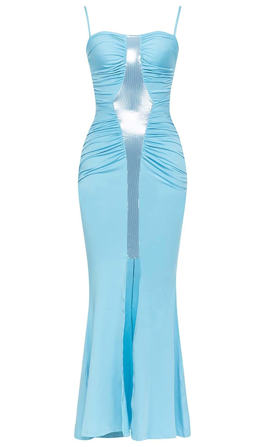 SPAGHETTI STRAP SLIT MIDI DRESS IN BLUE