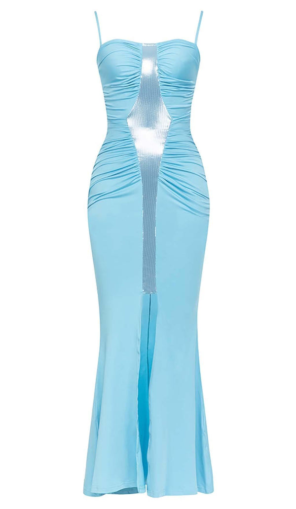 SPAGHETTI STRAP SLIT MIDI DRESS IN BLUE