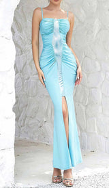 SPAGHETTI STRAP SLIT MIDI DRESS IN BLUE