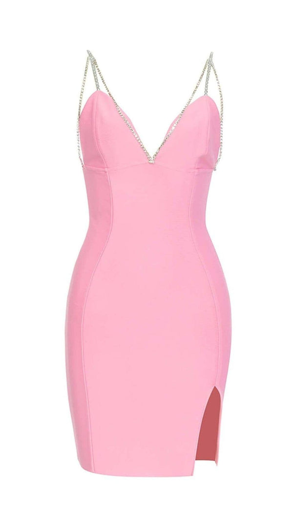 AIIZIE V-NECK CRYSTAL STRAP MINI DRESS IN PINK - product image