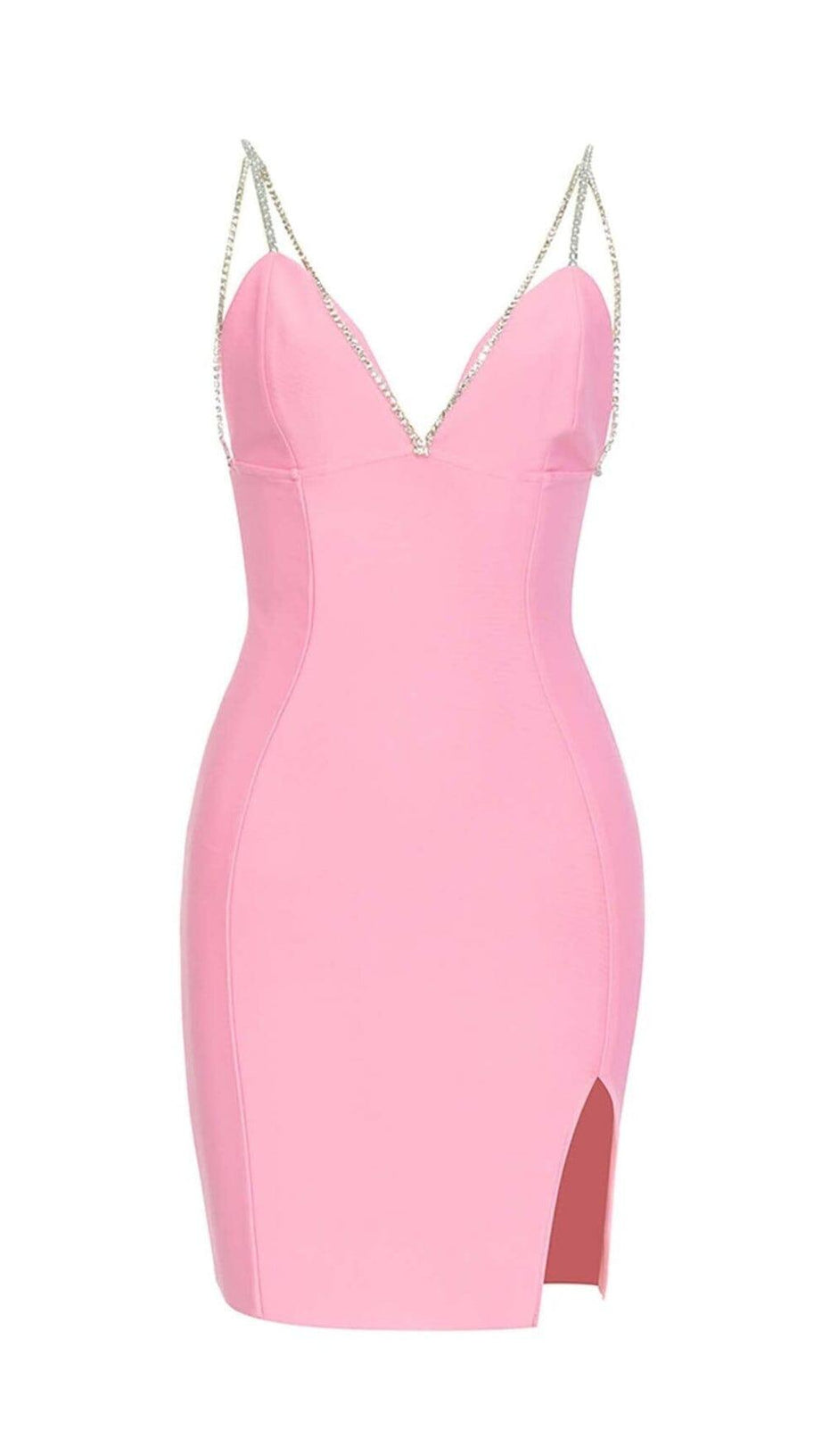 V-NECK CRYSTAL STRAP MINI DRESS IN PINK