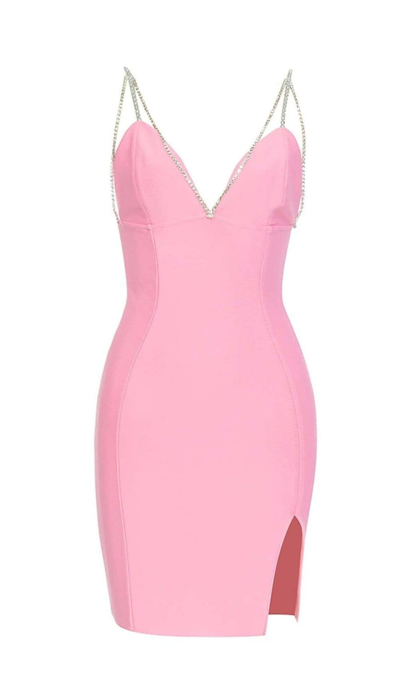 V-NECK CRYSTAL STRAP MINI DRESS IN PINK