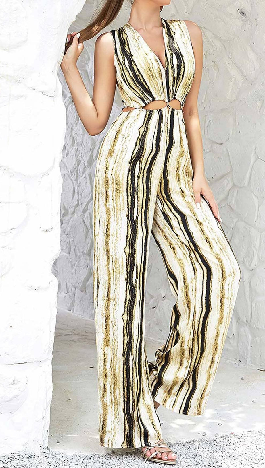 V-NECK SLEEVELESS STRIPE JUNPSUIT