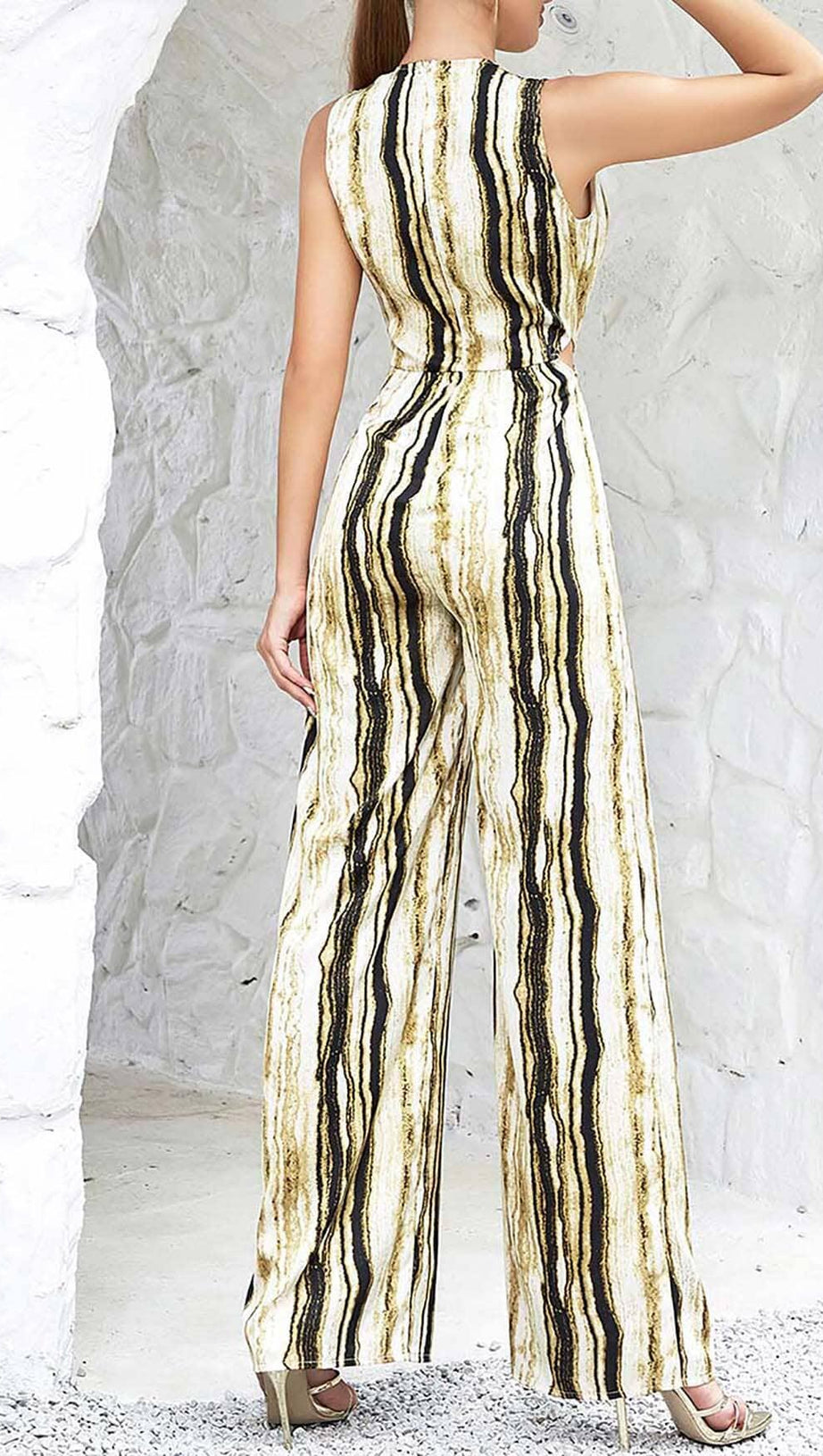 V-NECK SLEEVELESS STRIPE JUNPSUIT