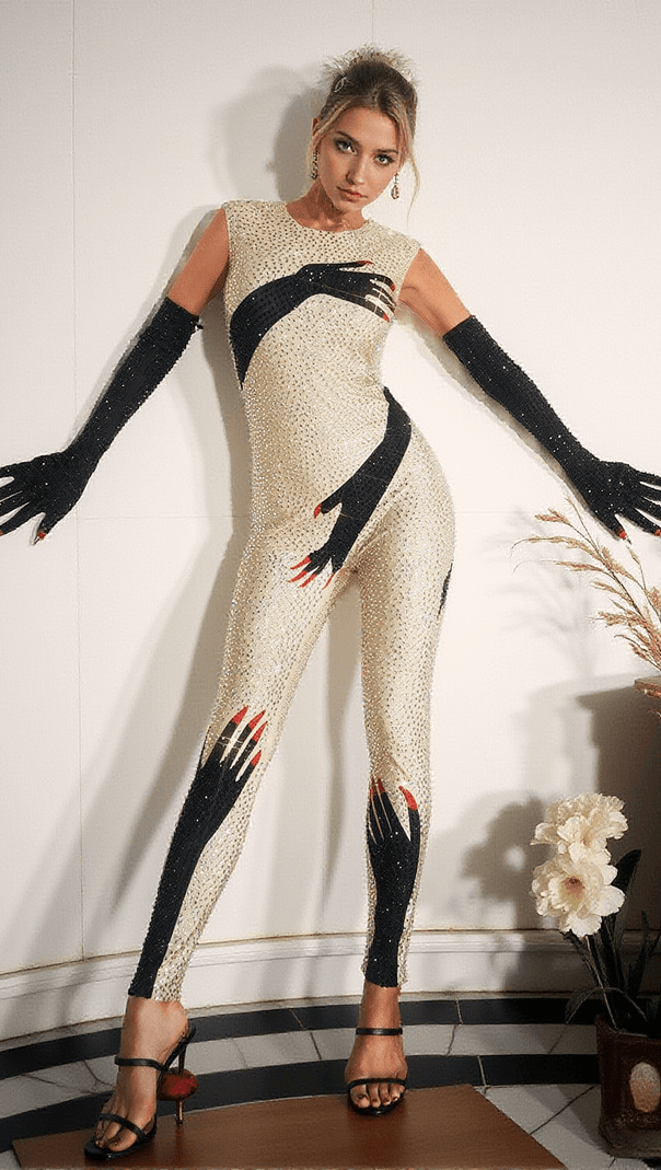 AIIZIE BILLY DIAMOND HANDS ILLUSION JUMPSUIT IN BEIGE - product image