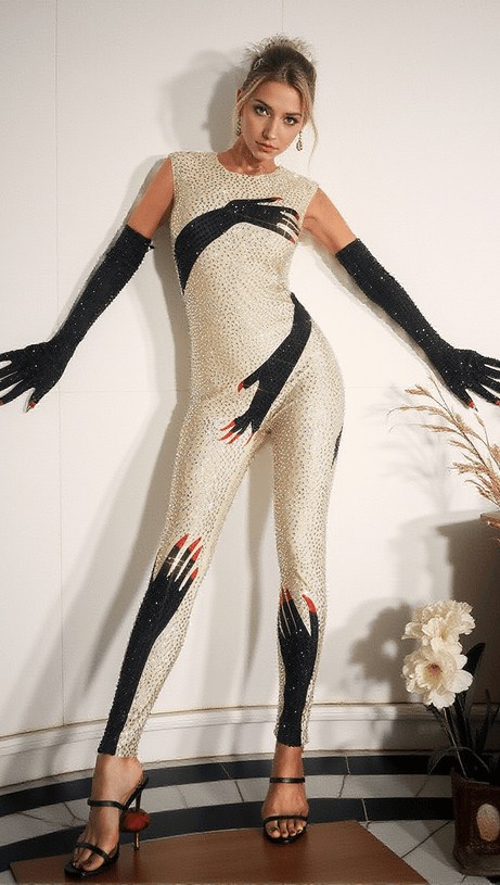 BILLY DIAMOND HANDS ILLUSION JUMPSUIT IN BEIGE