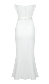 WAIST-TIGHTENING PEARL MIDI DRESS IN WHITE