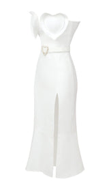 WAIST-TIGHTENING PEARL MIDI DRESS IN WHITE