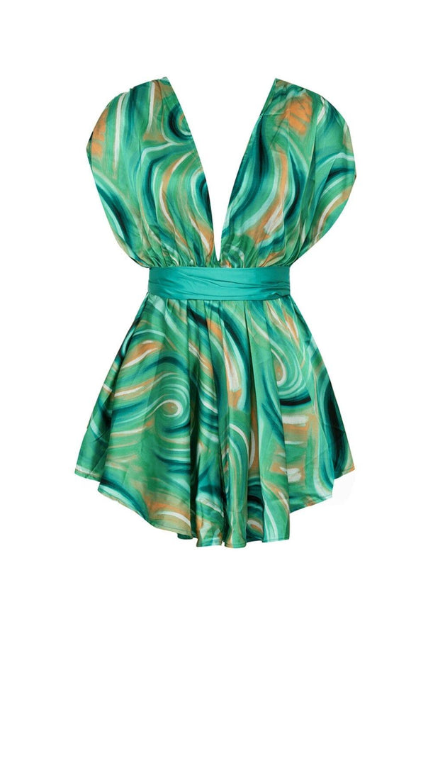 AIIZIE ALLOVER PRINT PLUNGE MINI DRESS IN LIME GREEN - product image