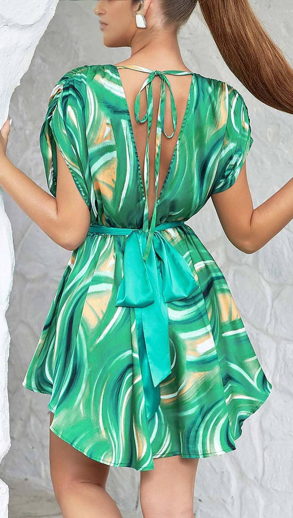 AIIZIE ALLOVER PRINT PLUNGE MINI DRESS IN LIME GREEN - product image
