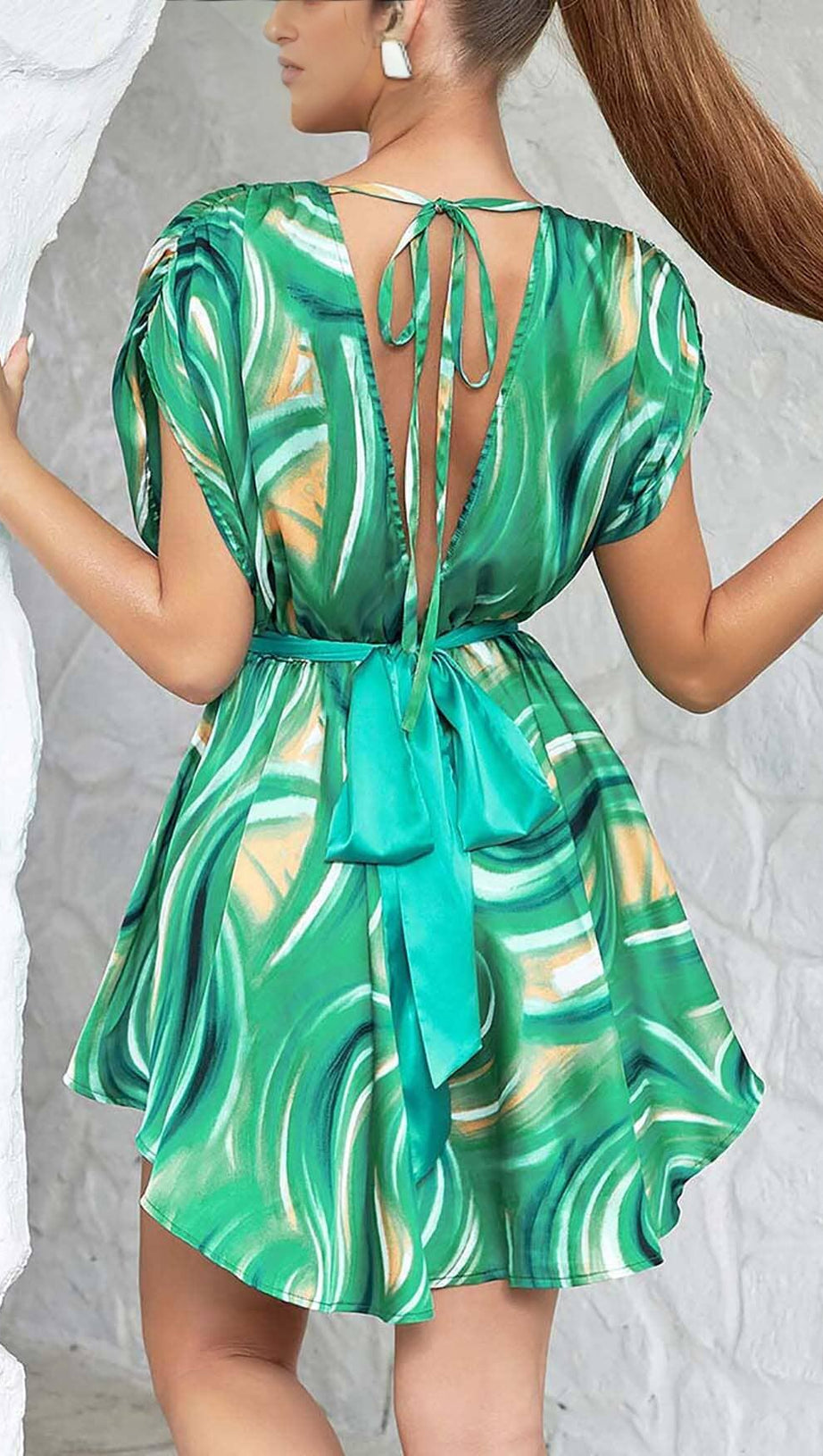 ALLOVER PRINT PLUNGE MINI DRESS IN LIME GREEN