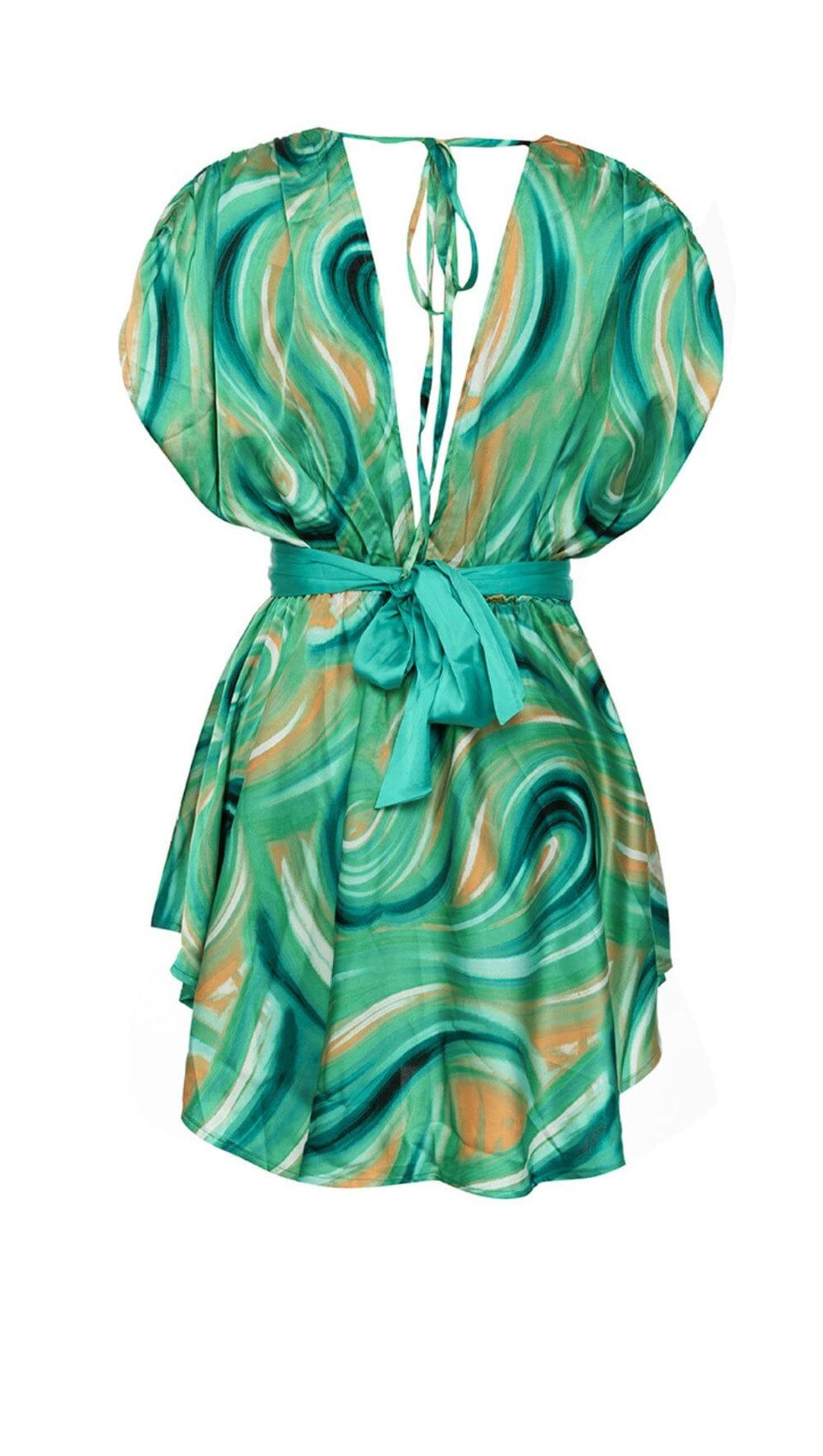 ALLOVER PRINT PLUNGE MINI DRESS IN LIME GREEN