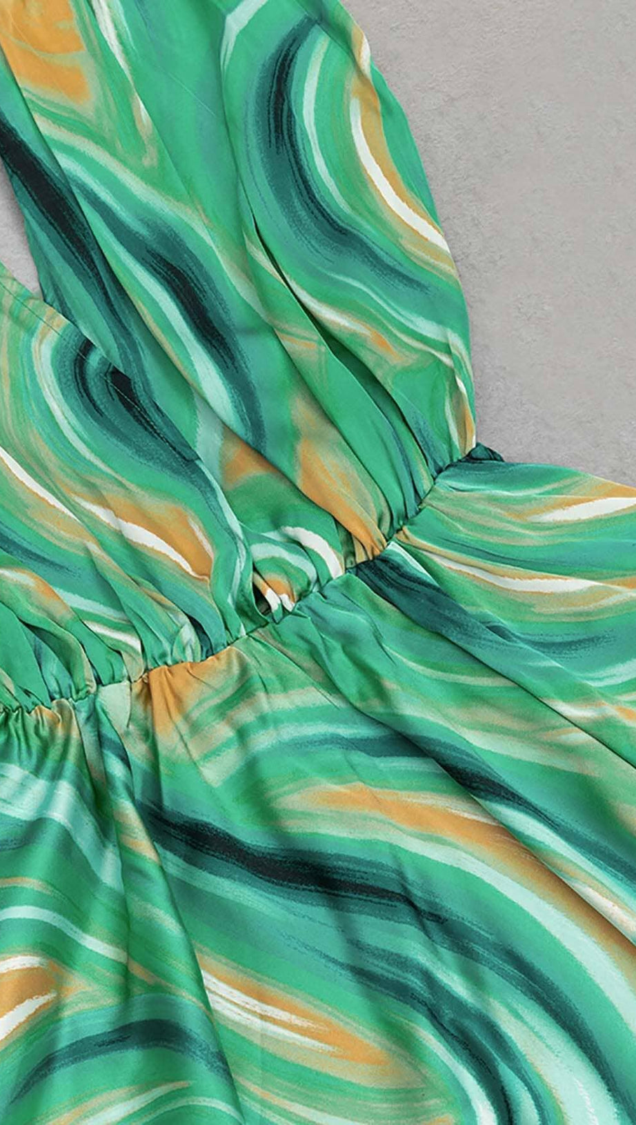 ALLOVER PRINT PLUNGE MINI DRESS IN LIME GREEN