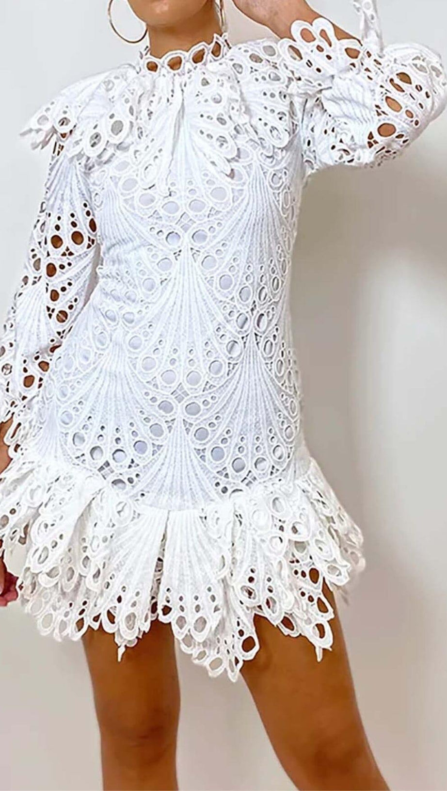BLOUSON-SLEEVE FLOUNCE EYELET MINI DRESS