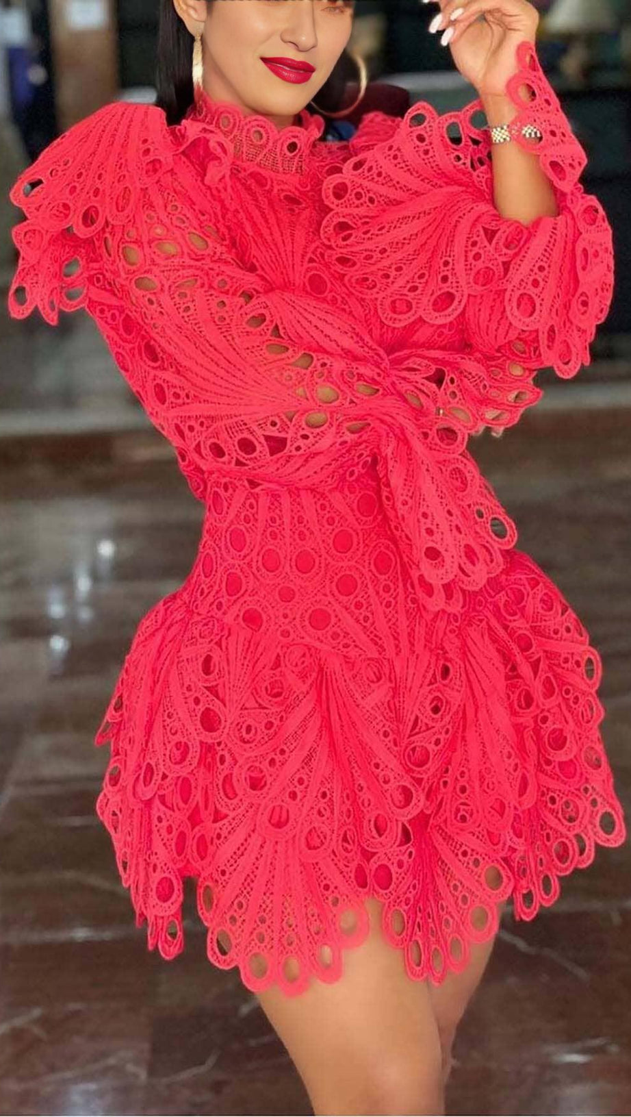 BLOUSON-SLEEVE FLOUNCE EYELET MINI DRESS