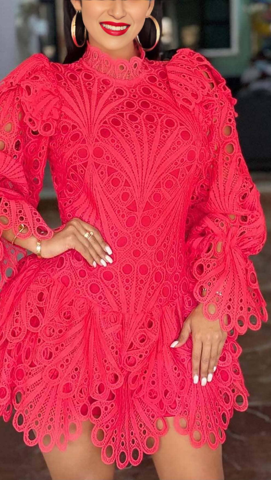 BLOUSON-SLEEVE FLOUNCE EYELET MINI DRESS