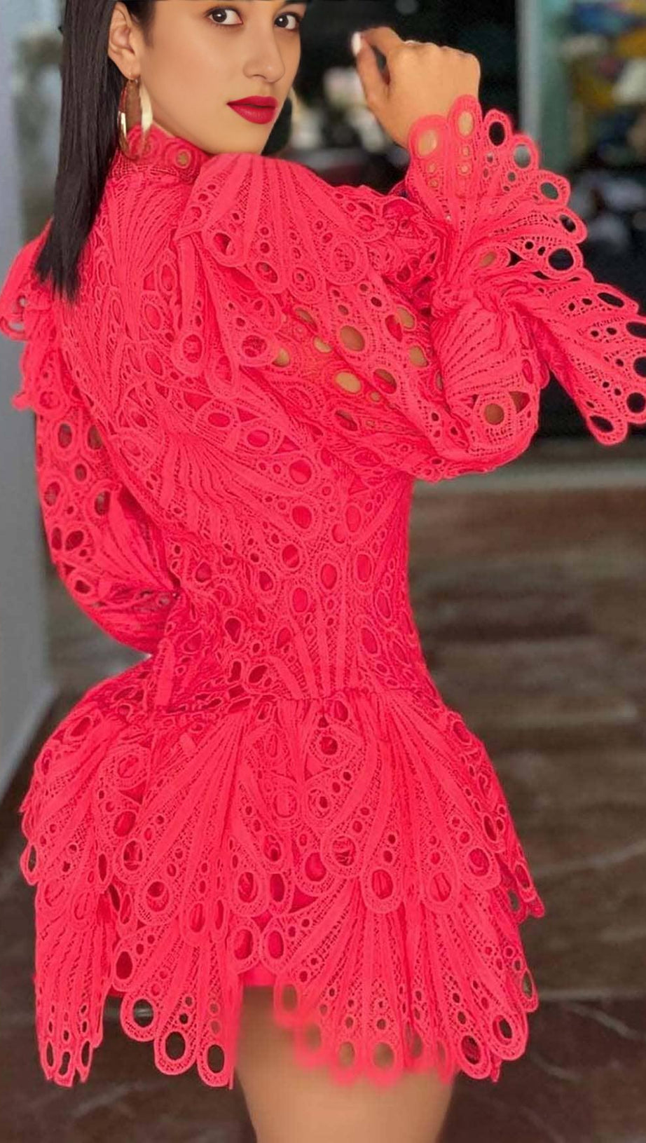 BLOUSON-SLEEVE FLOUNCE EYELET MINI DRESS