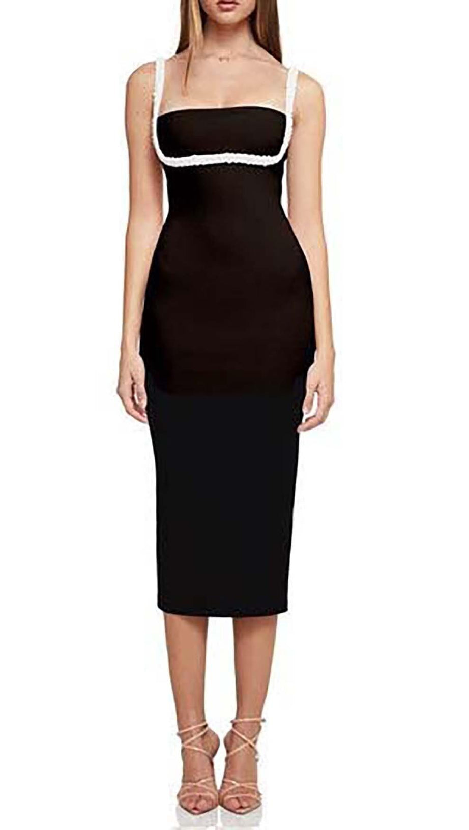 CRYSTAL EMBELLISHED TRIM MIDI DRESS IN BLACK