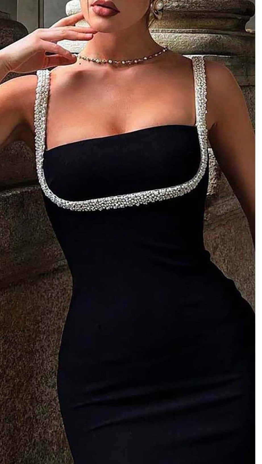 CRYSTAL EMBELLISHED TRIM MIDI DRESS IN BLACK