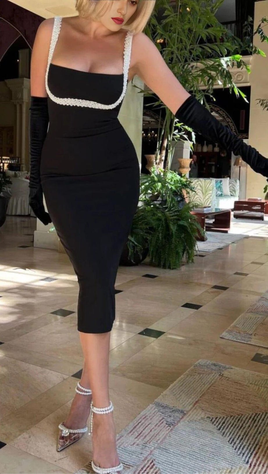 CRYSTAL EMBELLISHED TRIM MIDI DRESS IN BLACK