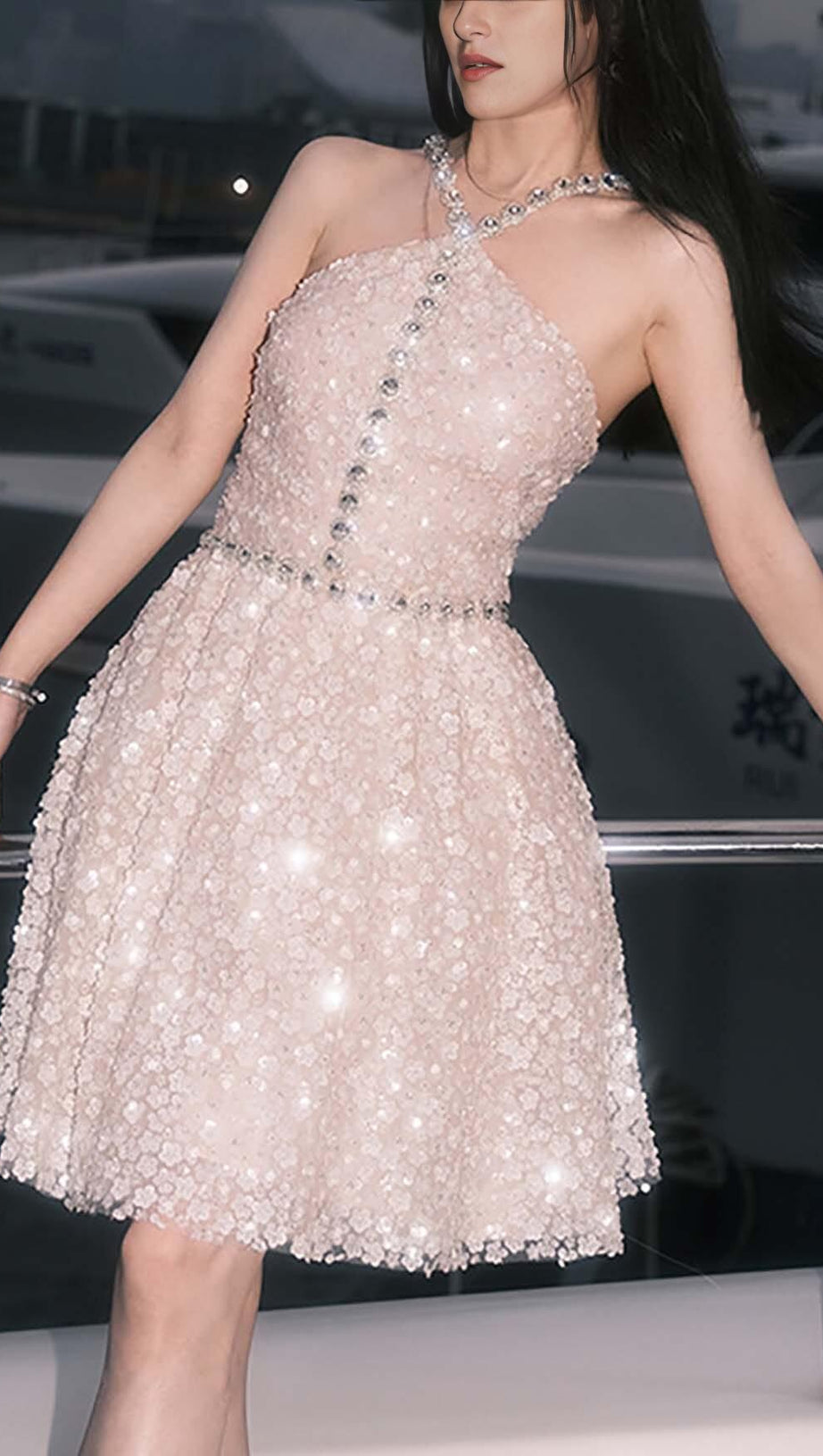 CRYSTAL HALTER MINI DRESS IN WHITE