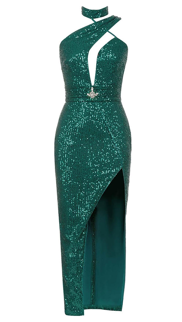 AIIZIE CUT OUT SEQUINS MAXI DRESS IN FOREST GREEN - product image