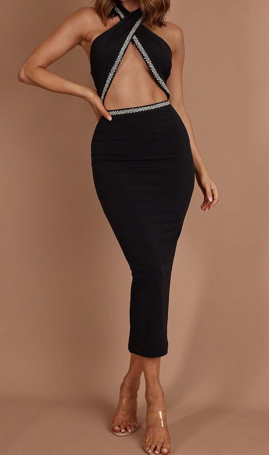 MIDIKLEID MIT DIAMANTBESATZ IN SCHWARZ