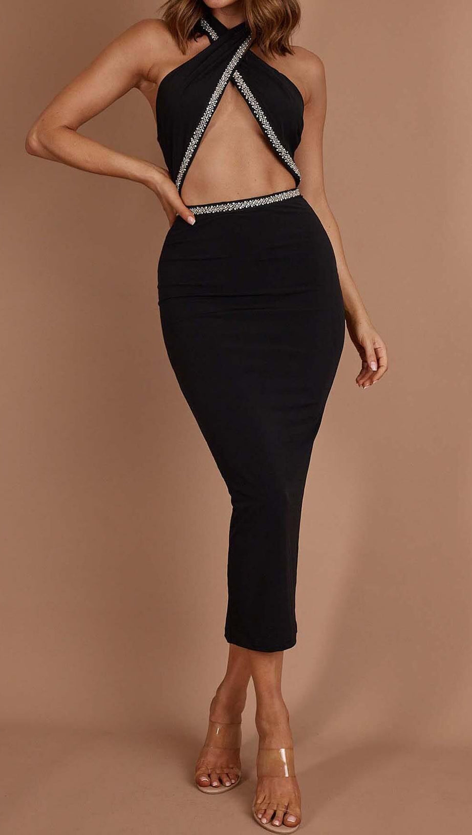 ABITO MIDI CON RIFINITURE DIAMANTE IN NERO