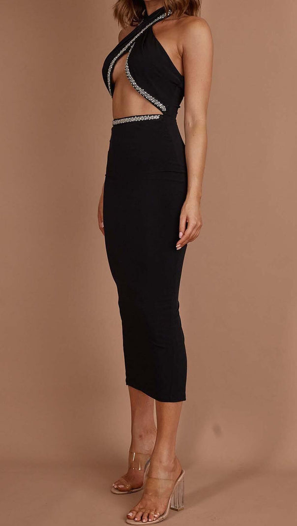 AIIZIE DIAMANTE TRIM MIDI DRESS IN BLACK - product image