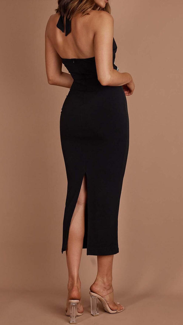 AIIZIE DIAMANTE TRIM MIDI DRESS IN BLACK - product image