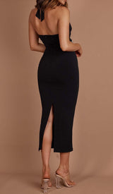 DIAMANTE TRIM MIDI DRESS IN BLACK