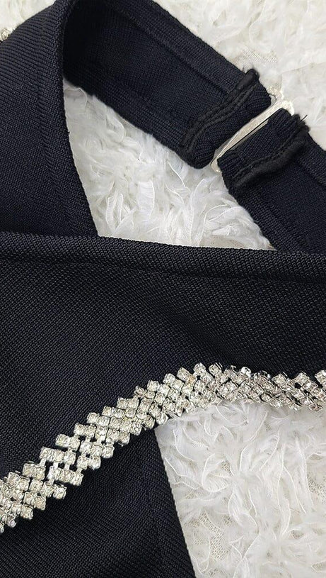 DIAMANTE TRIM MIDI DRESS IN BLACK